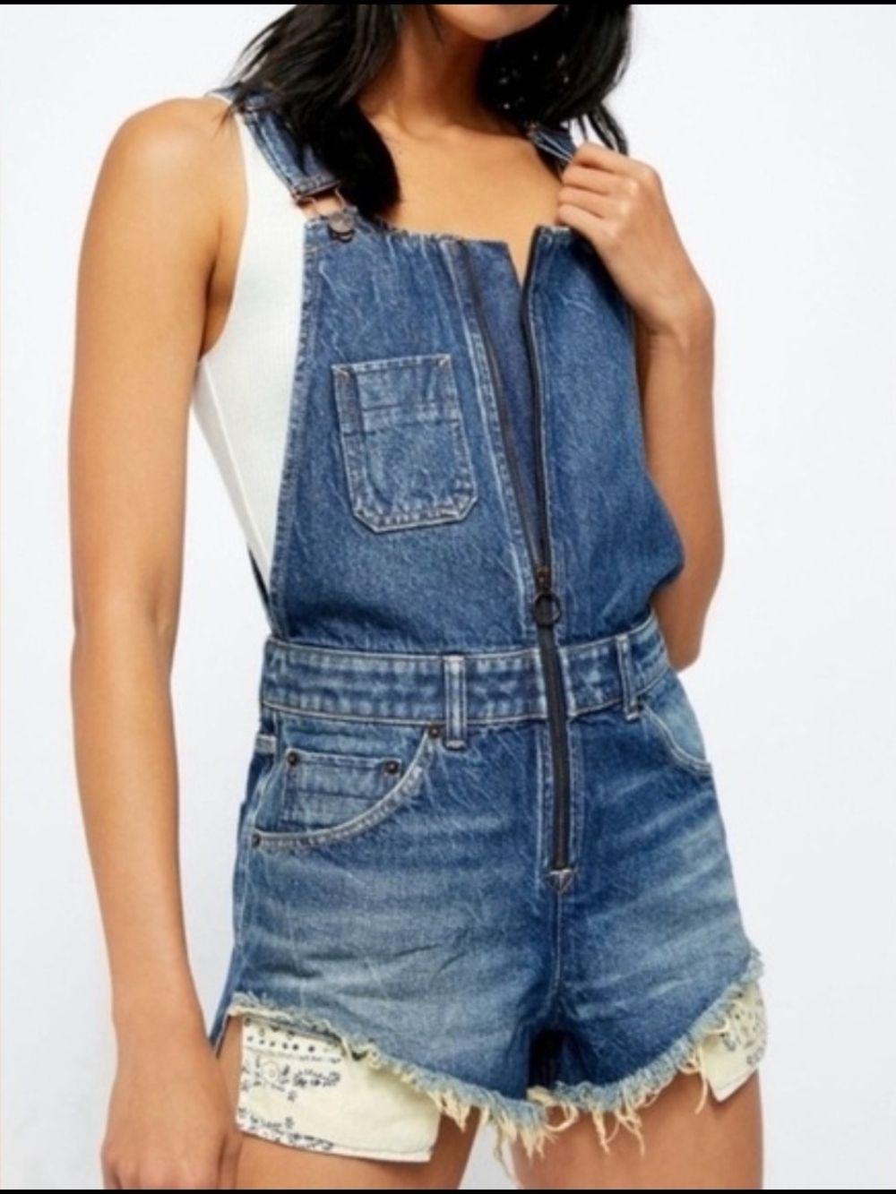 We The Free Denim Zip-Front Short Romper - Blue